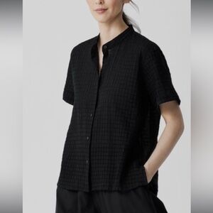 Eileen Fisher Grid Mandarin Collar Stretch Organic Cotton Shirt
